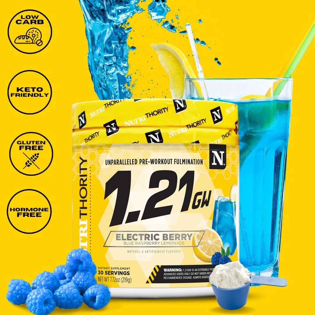 Nutrithority 1.21gw High Stim Pre-Workout, Electric Berry - Strength Gains Powder Energy Supplement - Unparalleled Pumps, Focus, & Drive - Intense Blend of Time Released Caffeine