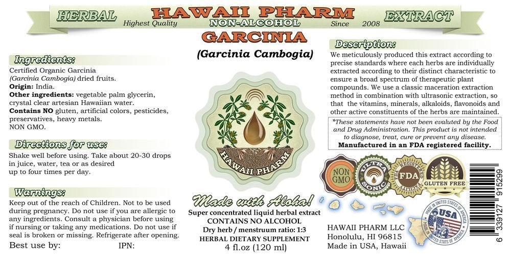 Pure Garcinia Alcohol-Free Liquid Extract, Organic Garcinia (Garcinia cambogia) Dried Fruit Glycerite Hawaii Pharm Natural Herbal Supplementt 2x2 fl.oz