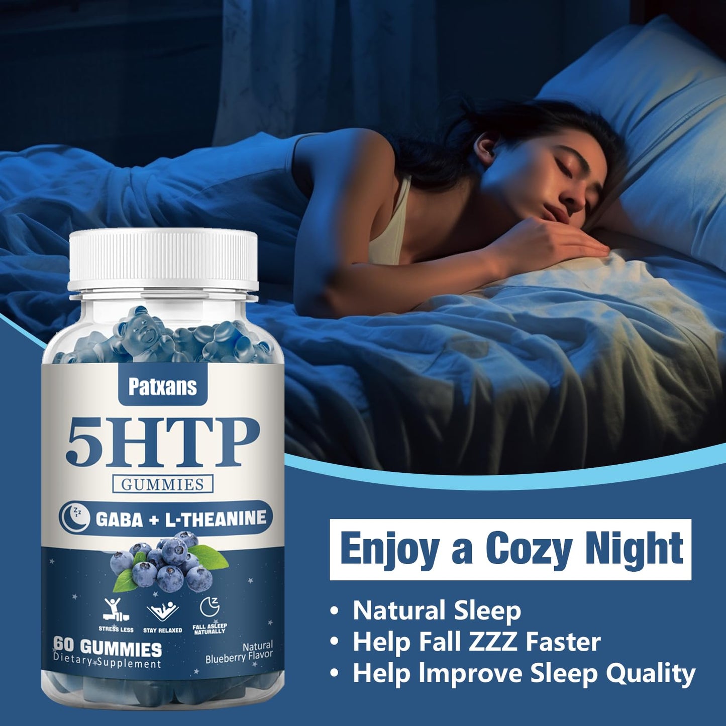 Patxans 1Pack 300MG 5HTP GABA Sleep Supplement Gummies, Melatonin-Free, Contains 200 MG L-Theanine, Sleep Supplement, Omega 3-6-9 for Natural Zzzs, 60 Counts, Blueberry Flavor