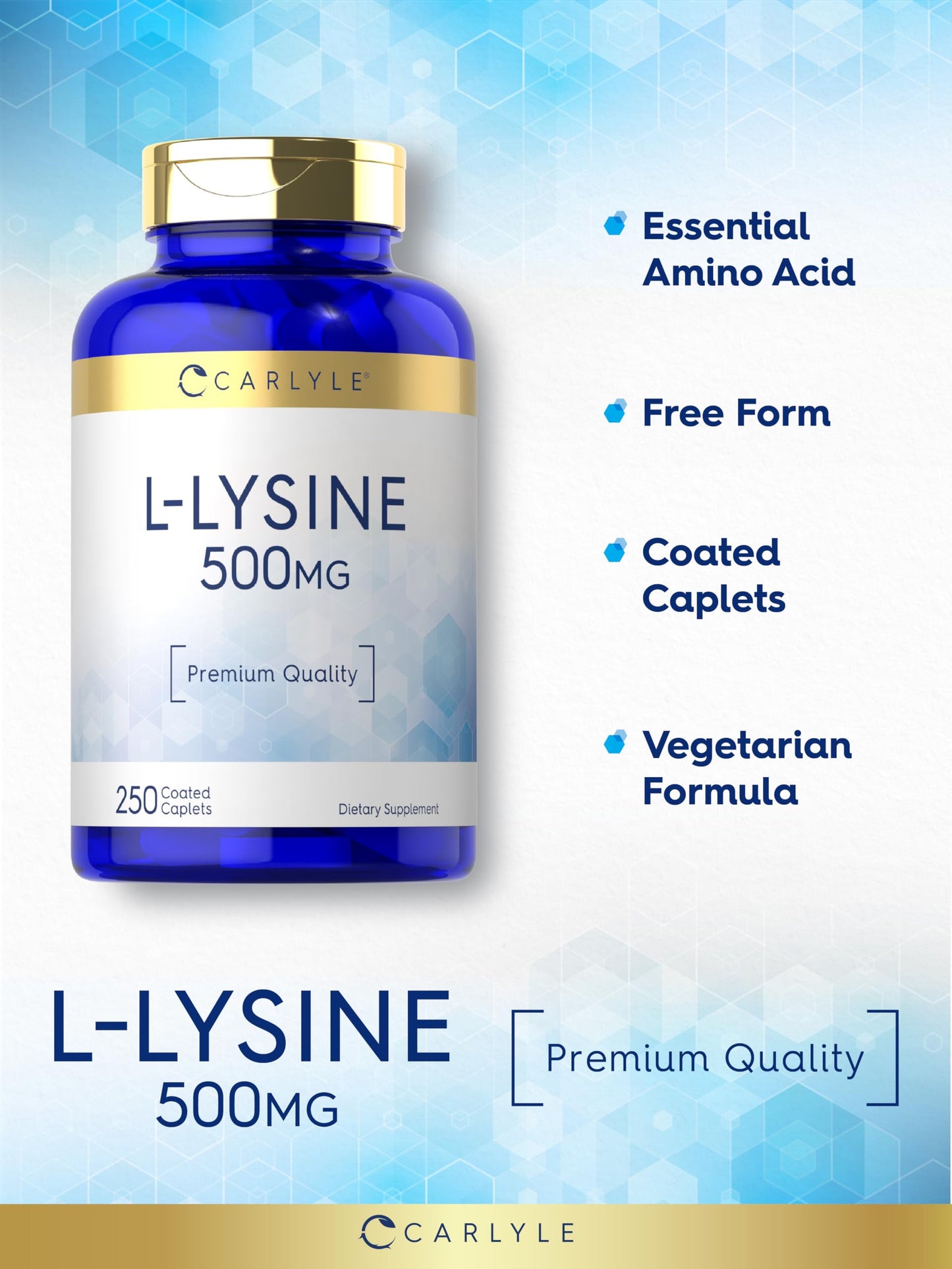 Carlyle L-Lysine 500 mg | 250 Caplet Capsules | Amino Acid Supplement | Vegetarian, Non-GMO & Gluten Free