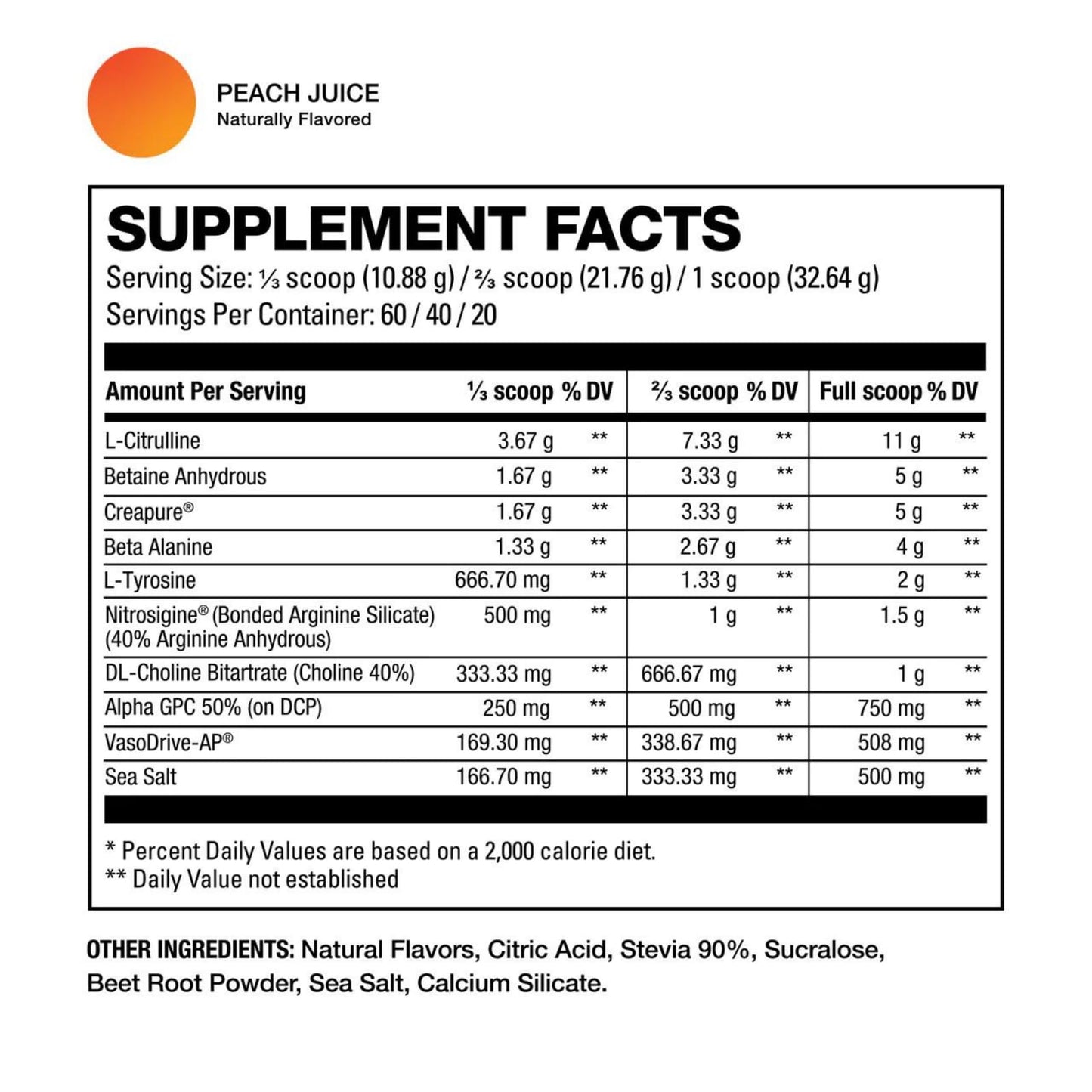 HD MUSCLE PreHD Variant 002 Non Stim Pre Workout | with Citrulline, Beta Alanine, Creatine, VasoDrive-AP, Alpha GPC | 60/40/20 Servings (Peach Juice)
