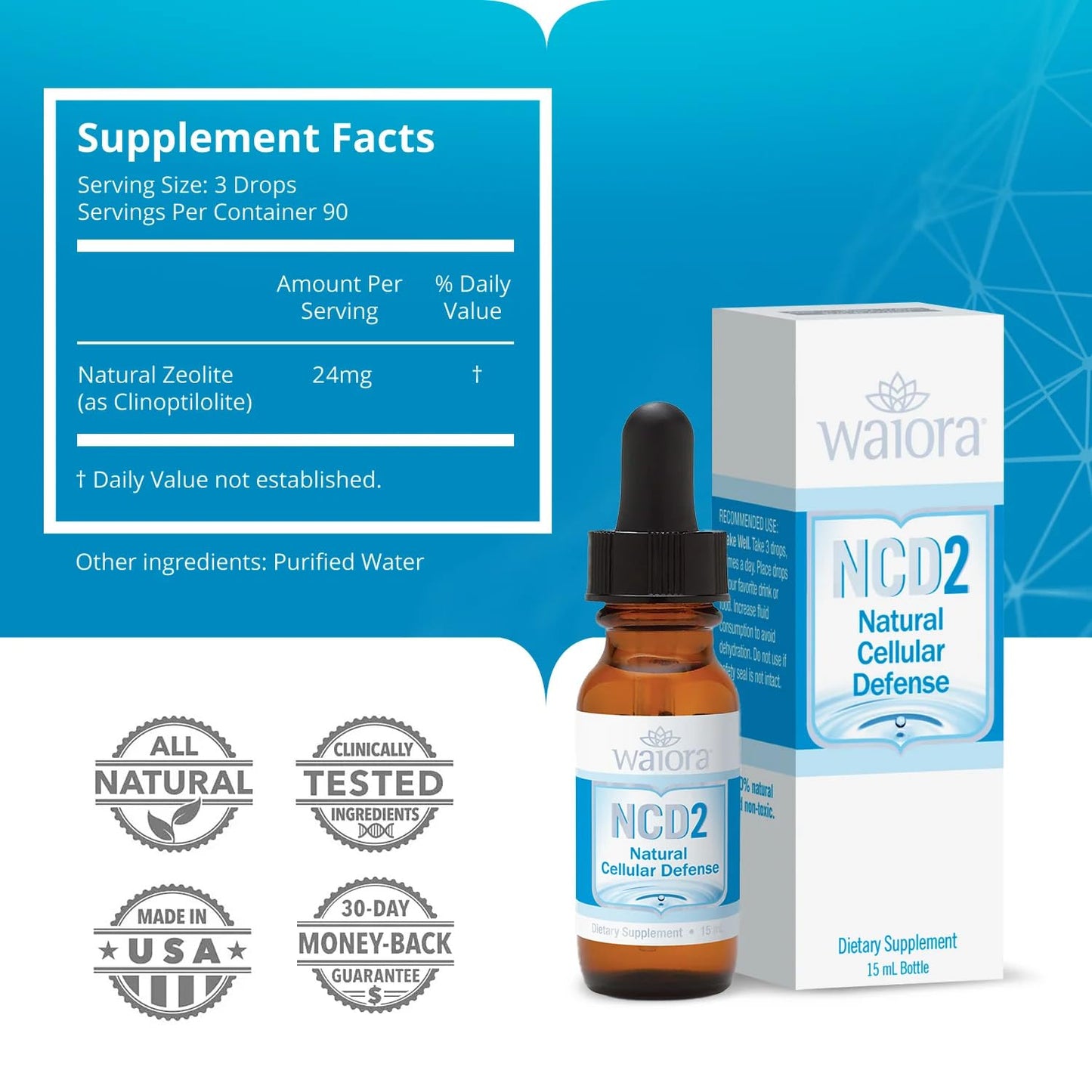 Waiora NCD2 Activated Liquid Zeolite Drops, Natural Body Cleanse and Immune System Support, Promotes pH Balance, Healthy Gut and Inflammatory Response, 100% Natural, Non-Toxic (2-Bottles / 180 serv.)