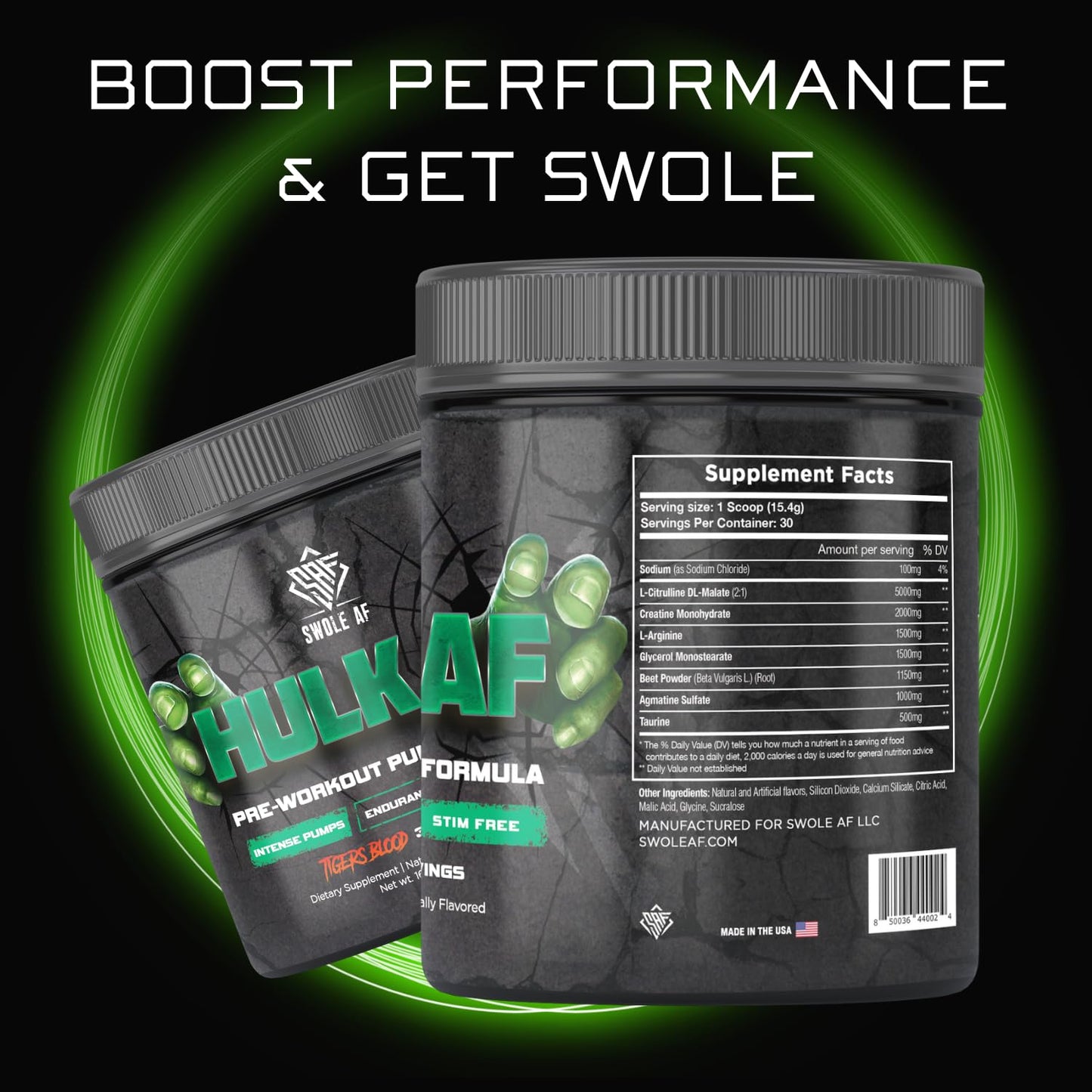 Swole AF | Hulk AF | Pre-Workout Pump Formula | Non Stimulant Improves Circulation Endurance | Dietary Supplement for Muscular Power Output with Bigger Gains & Faster Recovery | Tigers Blood