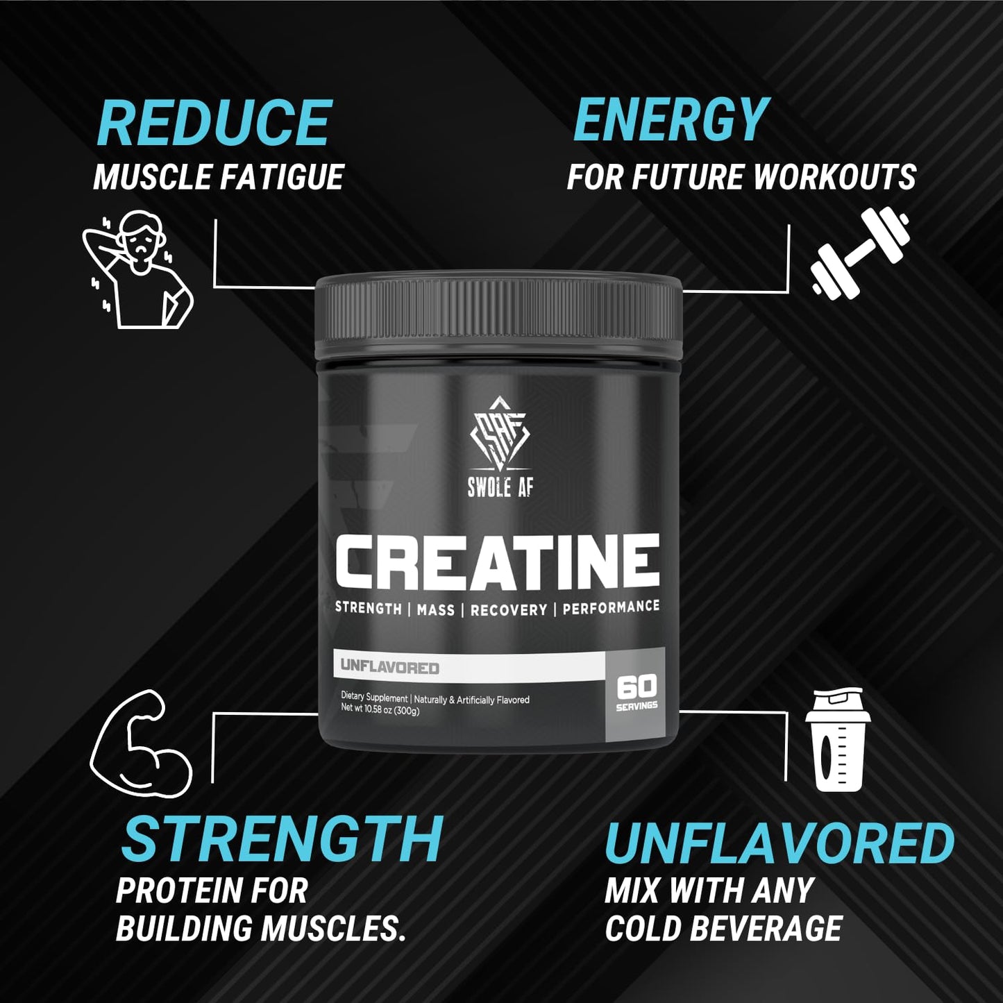 Swole AF | CREATINE Mono | Pre & Post Workout for Muscle Gain Endurance & Recovery | Dietary Supplement to Improve Strength Power Performance & Muscle Growth