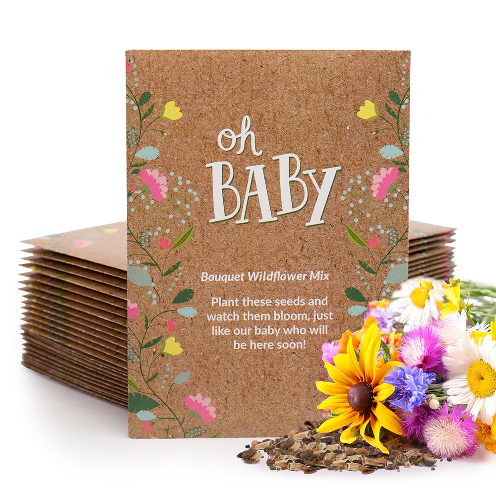 BENTLEY SEED CO Oh Baby Flower Seeds Packets  GirlBoy Baby Shower Favors  PreFilled 25 Wildflower Seed Packs for Favor  EcoFriendly Gift  Babys Guest Giveaways  NonGMO Seeds  Brown Envelop