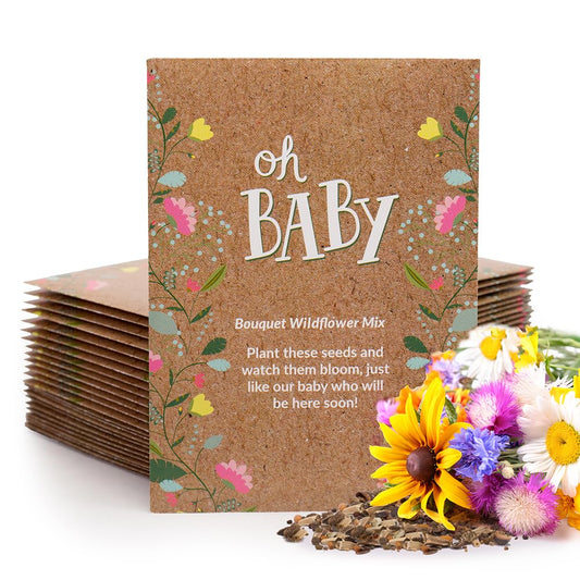 BENTLEY SEED CO Oh Baby Flower Seeds Packets  GirlBoy Baby Shower Favors  PreFilled 25 Wildflower Seed Packs for Favor  EcoFriendly Gift  Babys Guest Giveaways  NonGMO Seeds  Brown Envelop