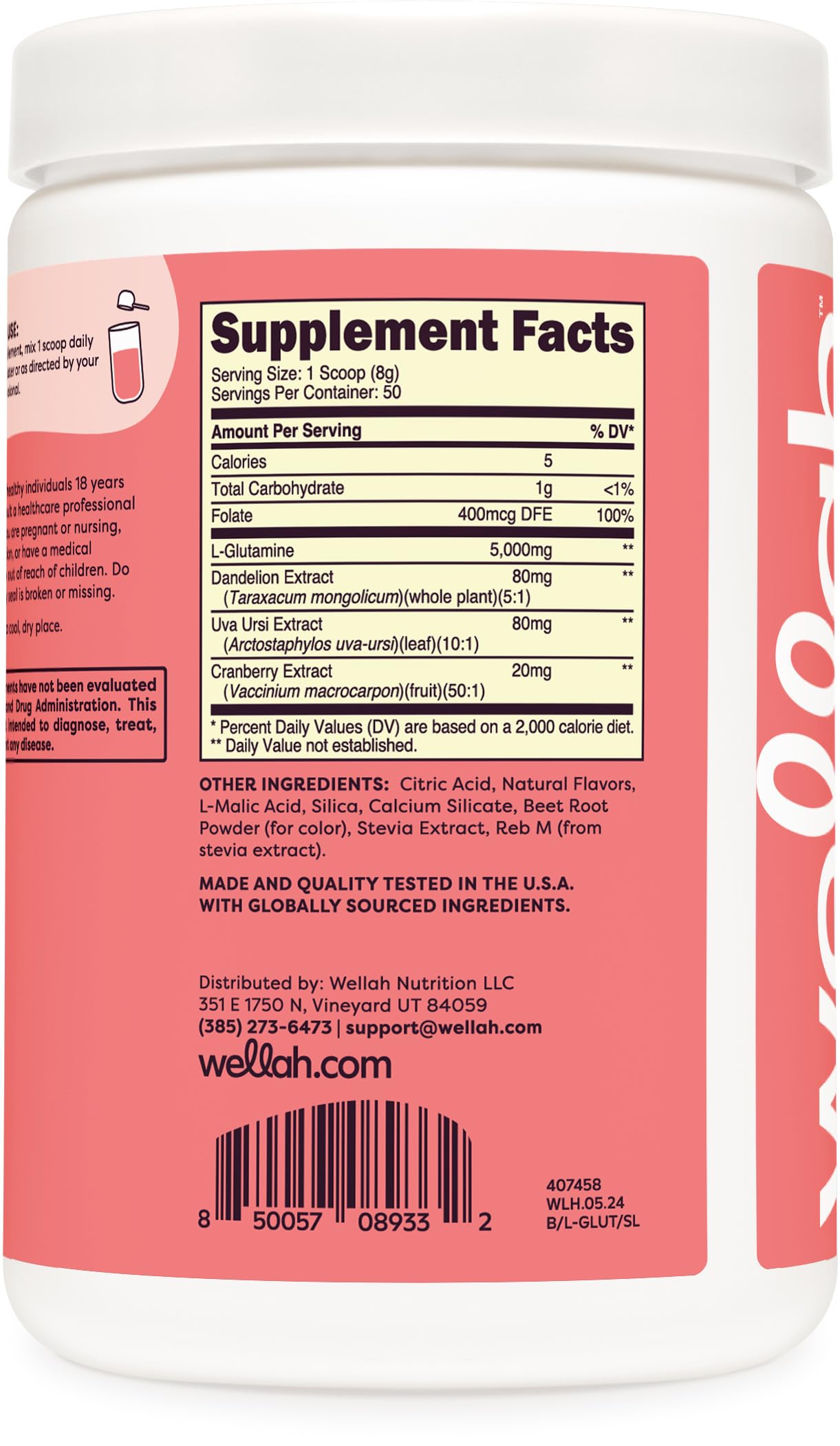 Wellah L-Glutamine Strawberry Lemonade Flavored (50 Servings) - 5g L-Glutamine Per Serving, Sweetened with Stevia