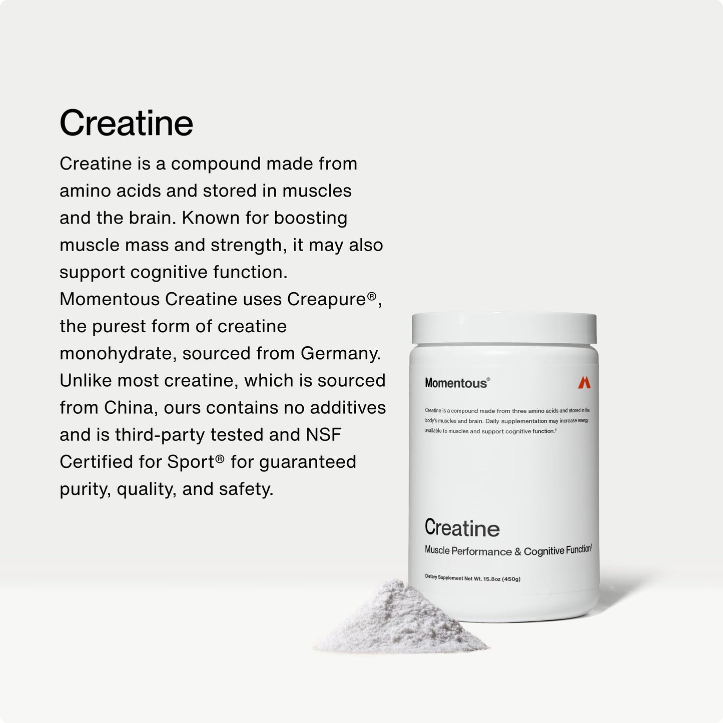 Momentous Creatine Monohydrate Powder - Creapure Creatine Powder Supports Strength, Lean Muscle, & Recovery for Men & Women - 5g Per Serving, 90 Servings