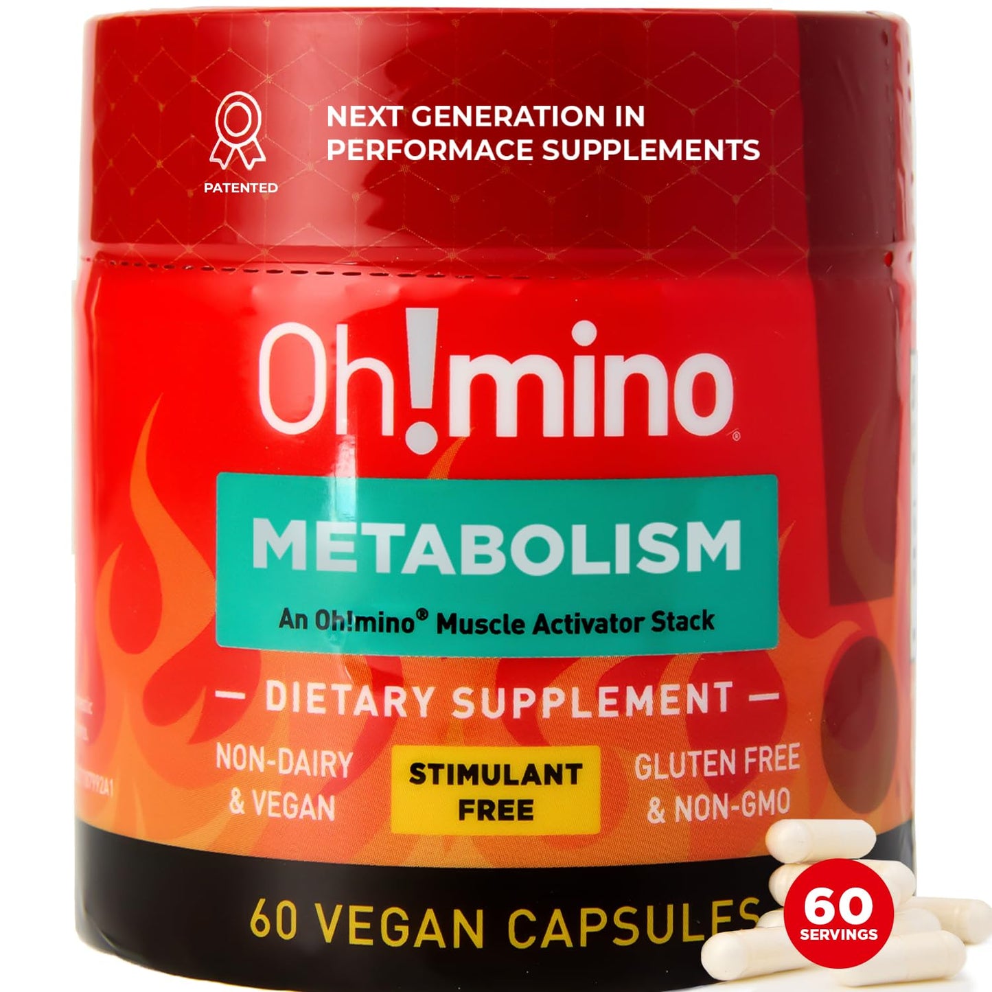 Oh!mino Metabolism Support Supplement for Efficient Fat to Energy Conversion w/L-Carnitine, Phenylcapsaicin, & Vitamin B3 - Non-Jitters, Stimulant-Free, Vegan, Non-Dairy Capsules (60 Servings)