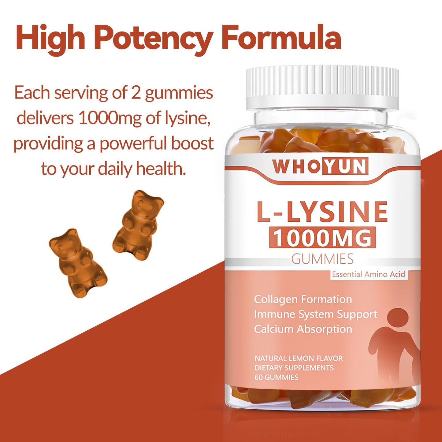 Whoyun L-Lysine 1000mg Gummies, Chewable Lysine Supplement for Adults, Immune Support, Collagen Formation Support, Lemon Flavor, 60 Count