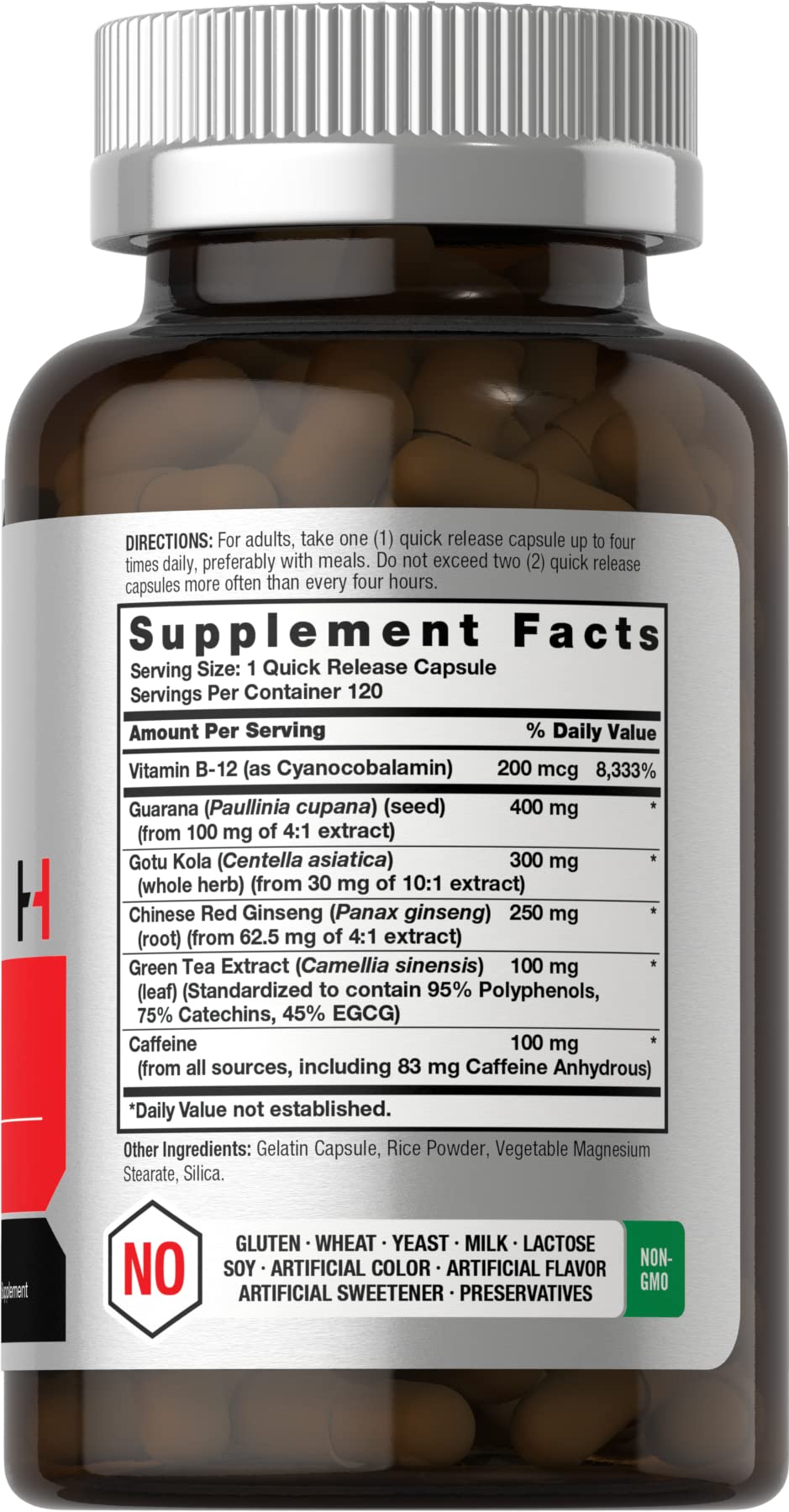 Horbäach Energy Supplement | 120 Capsules | with Caffeine, Ginseng & Vitamin B12 | Daily Energy Booster Pills | Non-GMO, Gluten Free