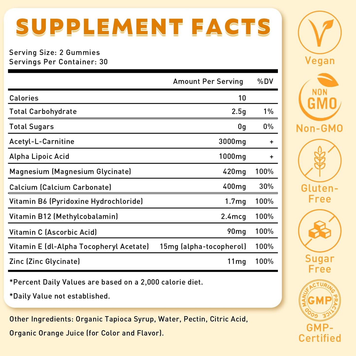 2 Pack Acetyl L-Carnitine Gummies for Energy & Brain Function Support - Vegan, Non-GMO, Orange Flavor, 120 Count (60-Day Supply)