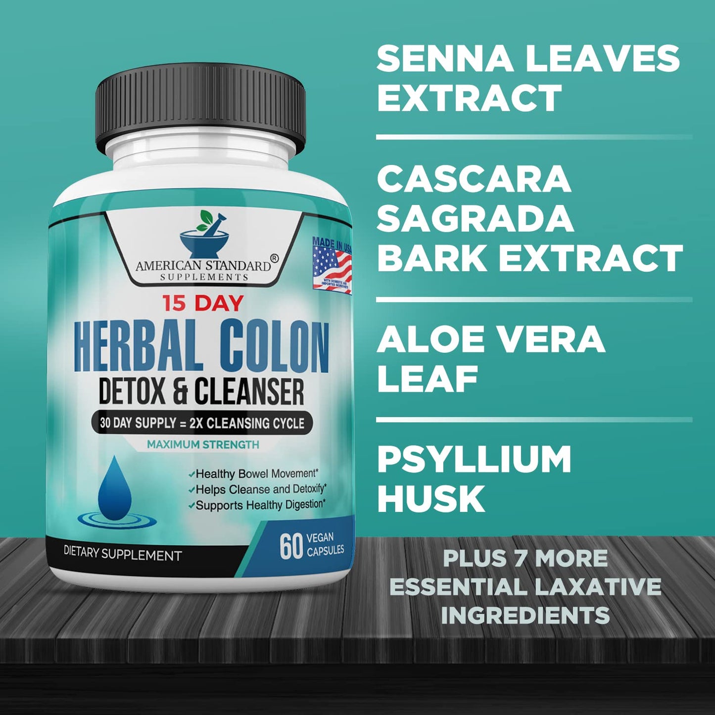 American Standard Supplements Colon Cleanse - 60 Veggie Capsules, 30 Servings - Herbal Blend with Psyllium Husk, Senna Leaves, Aloe Vera, Ginger, Cascara Sagrada & More