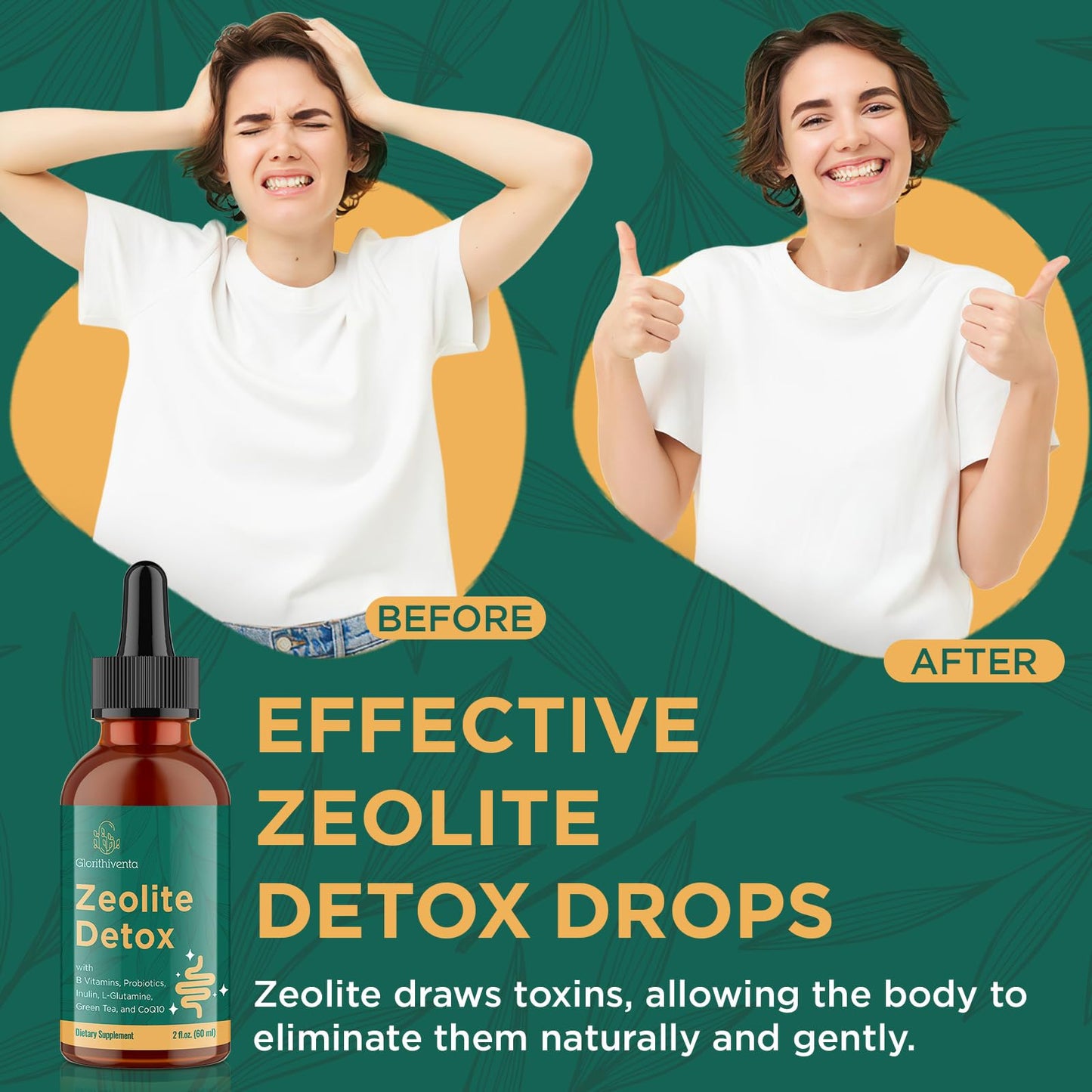Glorithiventa Zeolite Detox for Adults, Zeolite Liquid Drops with Vitamin B, Probiotic Blend, Gentle Detox for Adults, Energy, Gut, Focus - 2 Fl Oz (1 Bottle)