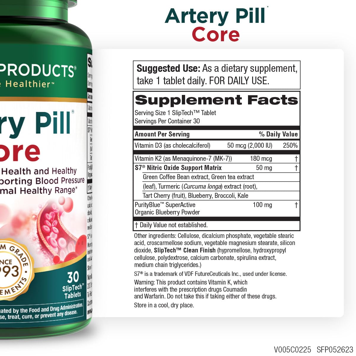 Purity Products Artery Pill Core from MK-7 Vitamin K2, Plant-Based S7 Nitric Oxide Booster, Vitamin D3, Organic Blueberries - Promotes Arterial Health & Cardiovascular Function - 30 Count