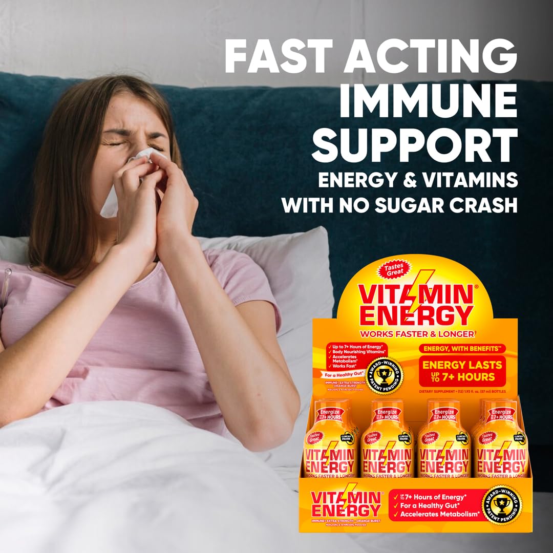 Vitamin Energy Immune+ Extra Strength Energy Shot - Orange Burst - 100% DV B-Vitamins & 260mg Caffeine - Zero Calories, Sugar-Free, Vegan, Non-GMO - Immunity & Energy Support - 1.93 fl oz, 24-Pack