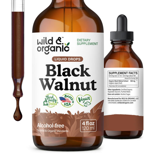 Wild & Organic Black Walnut Tincture - Detox Cleanse w/Black Walnut Hull Extract - Herbal Supplement for Gut Cleanse Detox and Digestive Well-Being - Vegan, Sugar & Alcohol-Free - 4 fl oz