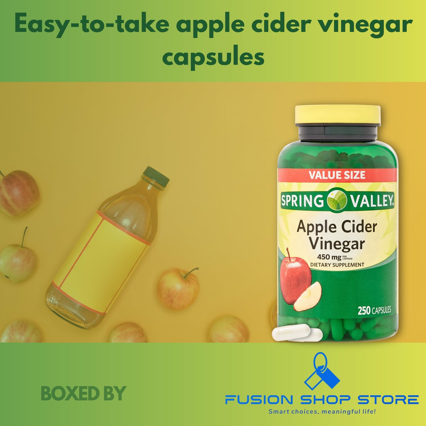 Spring Valley Apple Cider Vinegar Capsuless- 450 mg 250 Ct Improves Digestion Energy and Immunity (Pack of 1), Boxed by Fusion Shop Store