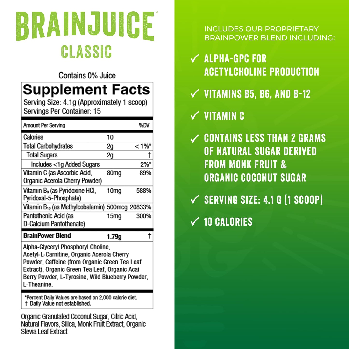 BrainJuice Nootropics Brain Support Supplement, Gluten Free Powder for Energy and Focus, Drink Mix with L Theanine, Alpha GPC, Vitamin B, Organic Green Tea Extract Caffeine, Classic, 15 Servings