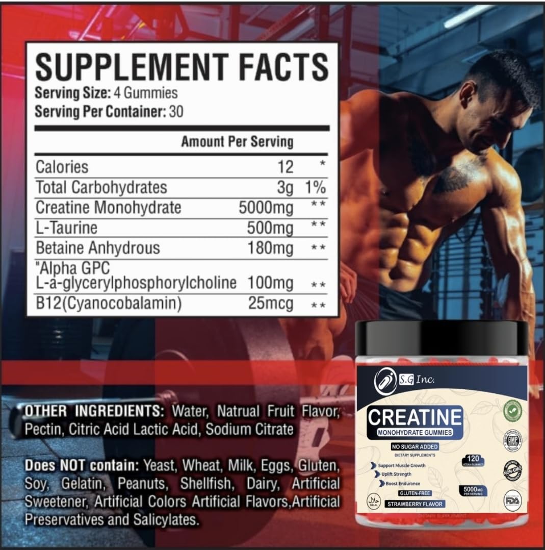 S.G Creatine Monohydrate Gummies for Men & Women ‒ Sugar Free - Vegan - 5g Creatine for Muscle Support ‒ Pre-Work Out Chewable Supplements for Energy Boost ‒ Strawberry Flavored 120ct Gummies.