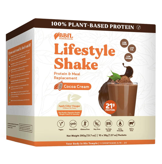 BBfL Meal Replacement Shakes, 21g Protein, Vegan Plant Based Protein Powder, Apple Cider Vinegar, Digestive Enzymes, All in One Shake for Women & Men (10 Servings, Cocoa Cream)