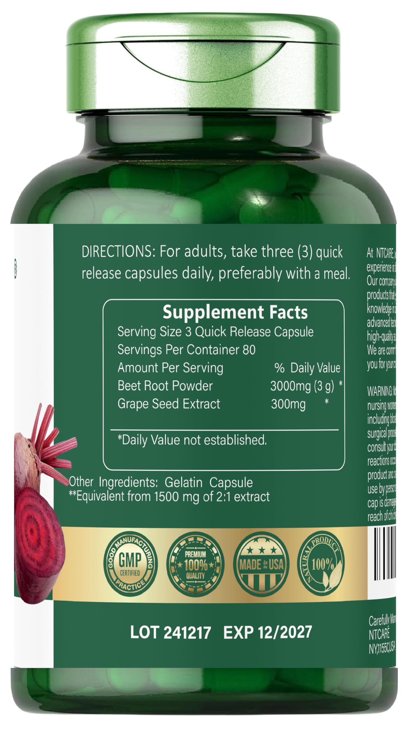 NTCARE Beet Root Complex, 3000 mg, 240 Quick Release Capsules, Gluten Free, Non-GMO