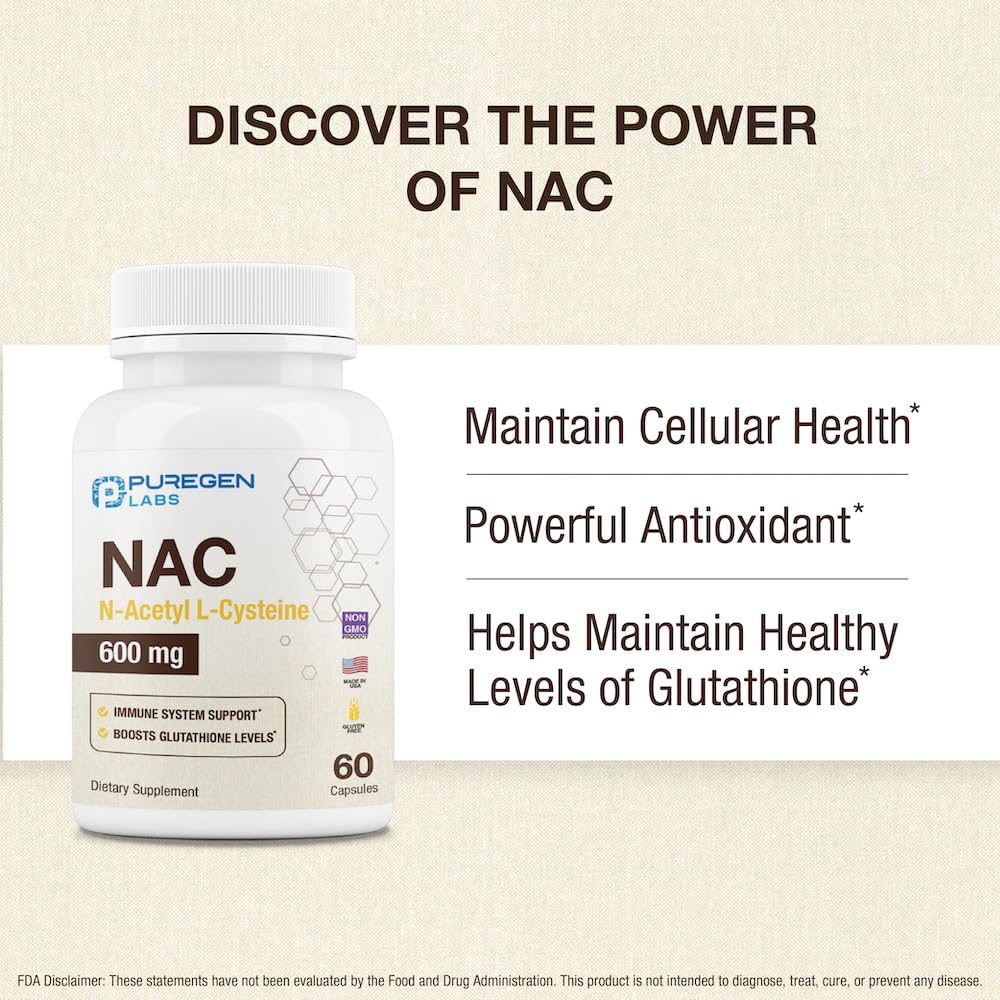 Puregen Labs N-Acetyl-L-Cysteine (NAC) 600mg, Supports Immune, Respiratory, Liver Health, NAC 600 mg, Potent antioxidant Support, Free-radicals, Easy to Absorb - 60 Vegetarian Capsules