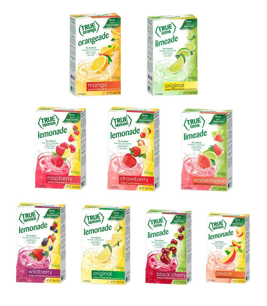 True Lemon STRAWBERRY WILDBERRY LIMEADE WATERMELON BLACK CHERRY MANGO ORANGE PEACH LEMONADE RASPBERRY 10ct each box Citrus Sample Kit 106 Ounce Pack of 9