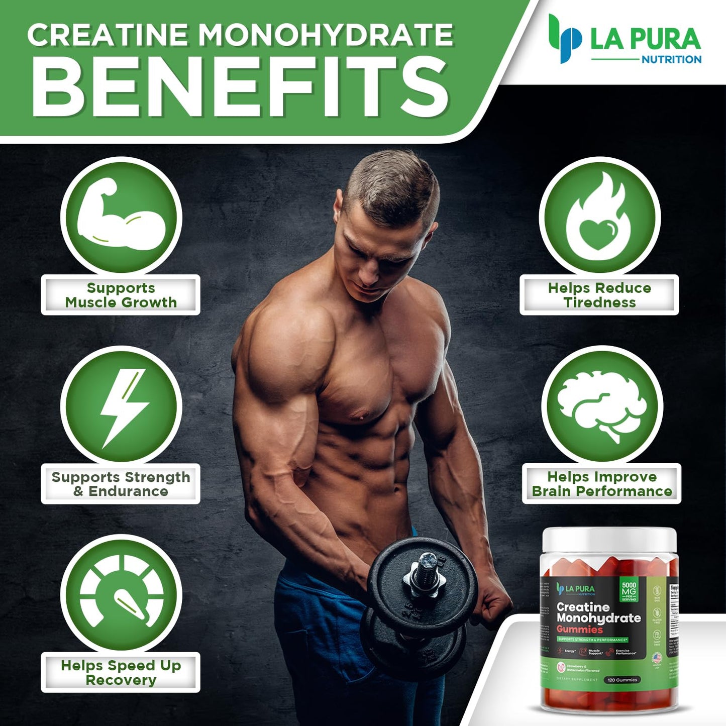 LaPura Creatine Monohydrate Gummies for Men & Women, 5000mg Pure Creatine Monohydrate per Serving - Energy, Muscle & Exercise Performance Support - 120 Gummies - Strawberry & Watermelon Flavor