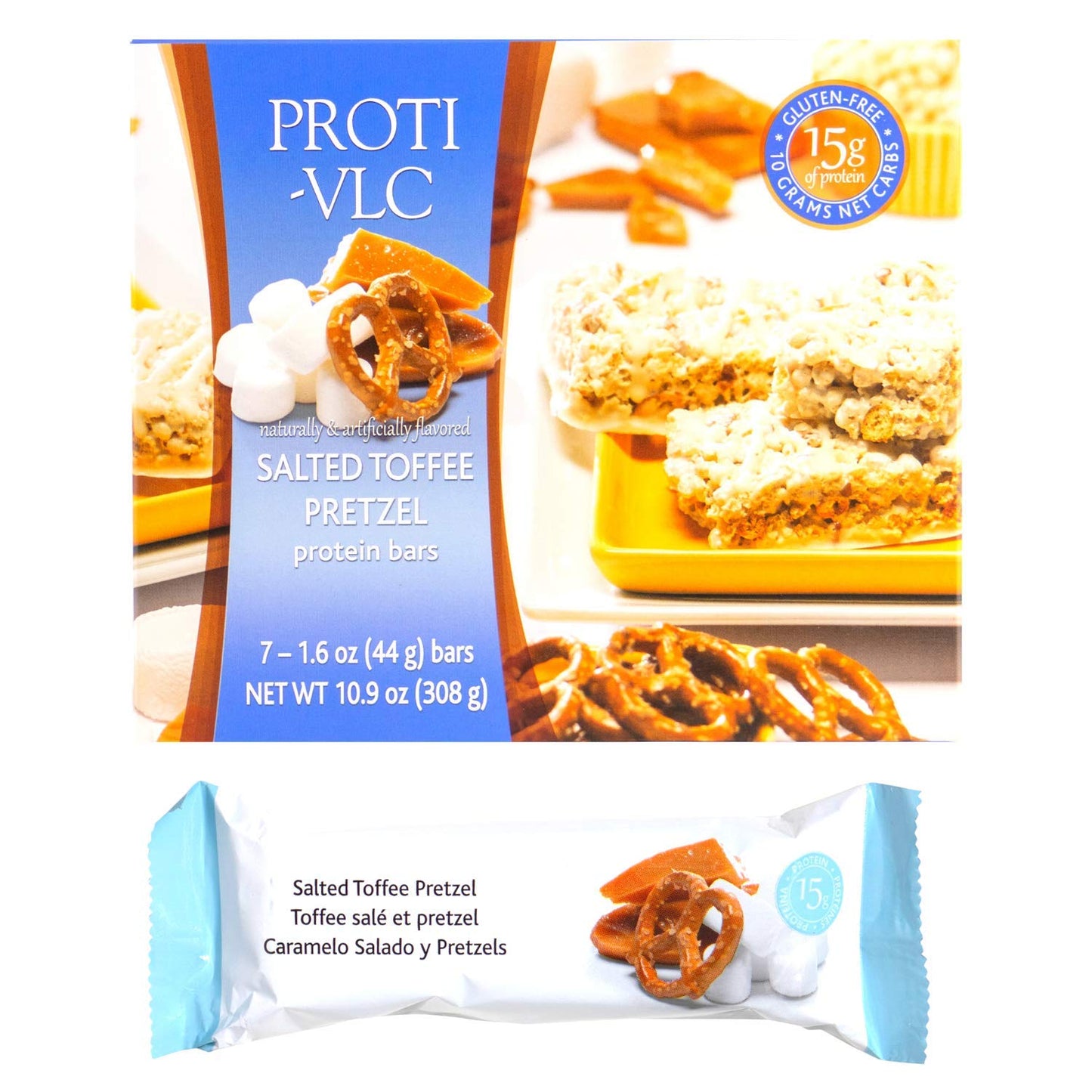 Proti Fit VLC - Salted Toffee Pretzel Low-Carb 15g Protein Diet Bar - High Fiber Weight Loss Snack/Post Workout Protein Bar Bar - Gluten Free (7 Count)