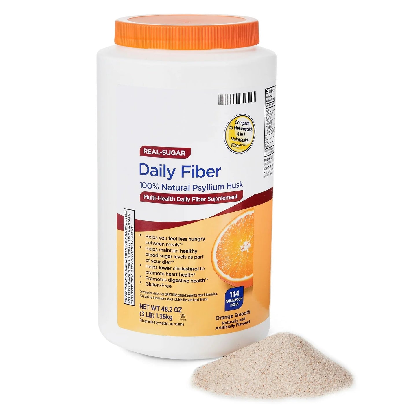 Daily Fiber Powder 48.2 oz - 114 Tablespoon Doses Orange Flavored Fiber Supplement, Soluble Fiber, Organic Fiber Supplement, Vegan Powder. (Pack of 1)