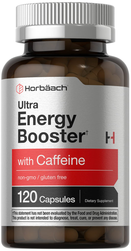 Horbäach Energy Supplement | 120 Capsules | with Caffeine, Ginseng & Vitamin B12 | Daily Energy Booster Pills | Non-GMO, Gluten Free