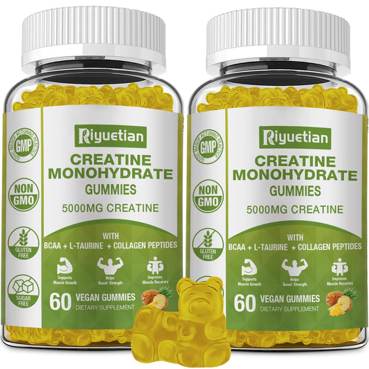 Riyuetian 2 Pack Creatine Monohydrate for Men & Women - Muscle Growth, Recovery, Strength & Energy - Vegan, Gluten-Free, Sugar-Free Creatine Monohydrate - 120 Count
