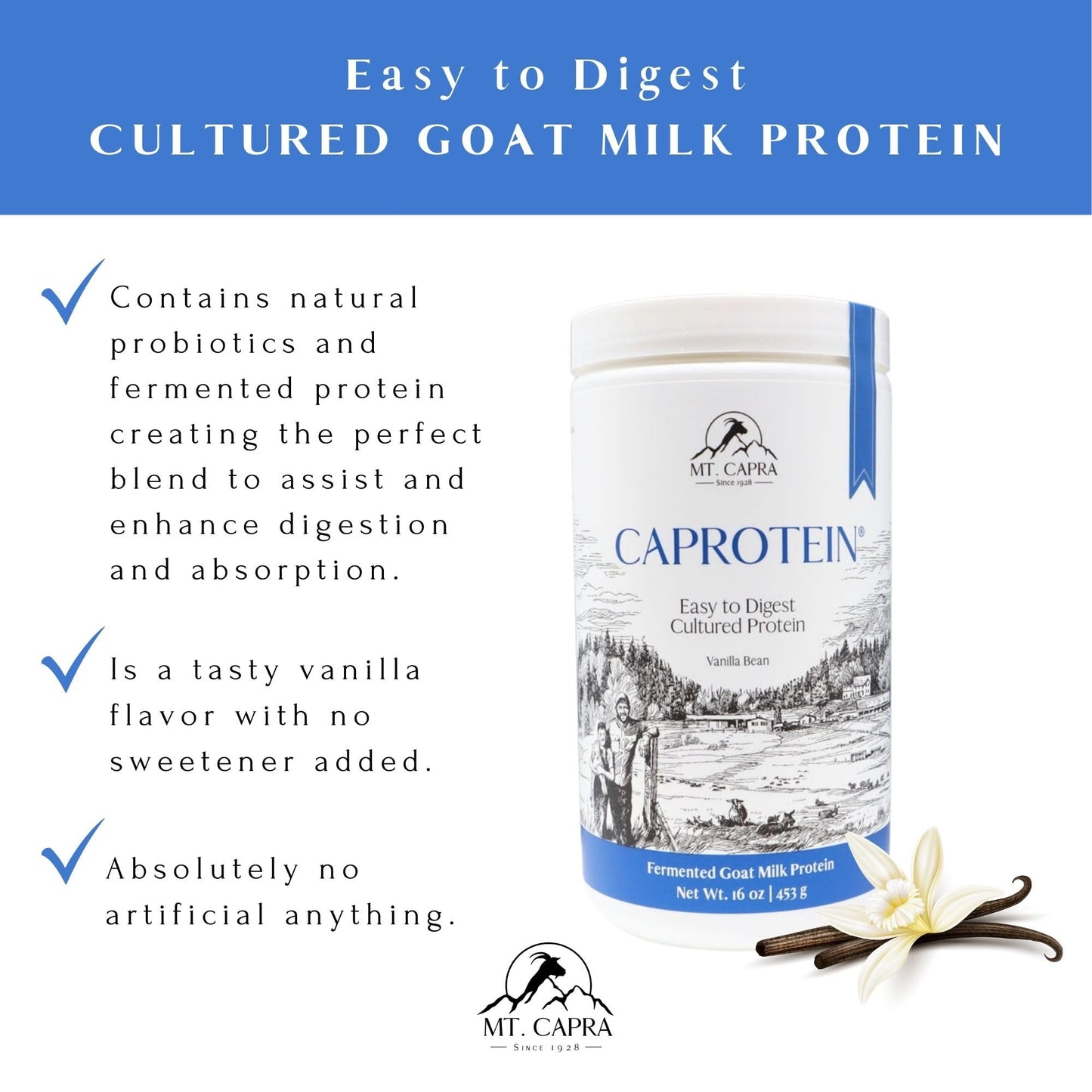 Mt. Capra Caprotein | Casein Protein Concentrate, Fermented Goat Milk Protein from Grass-Fed Pastured Goats, Extremely Easy to Digest | Vanilla Bean | 23 Servings - 16 oz