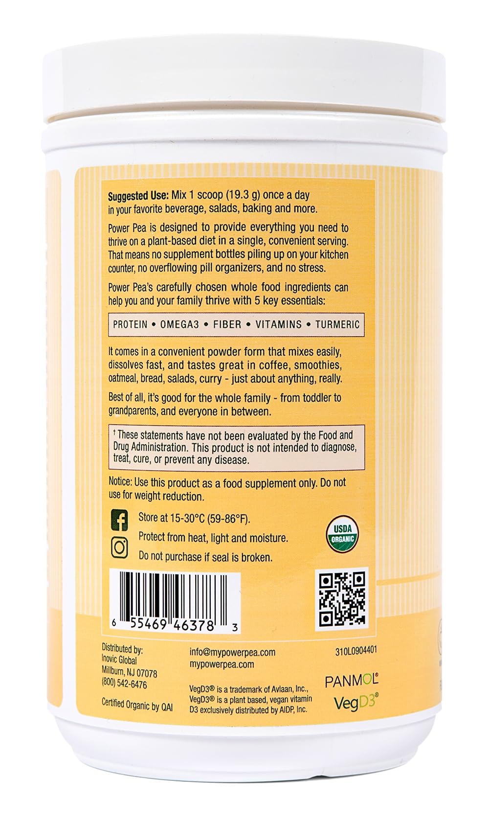 POWER PEA Plant Based Vegan Protein Unflavored- USDA Organic with Vitamins, Fiber, Omega 3, Turmeric, Kids Nutrition, Non-GMO, Dairy Free, Allergen Free, Sugar & Gluten Free