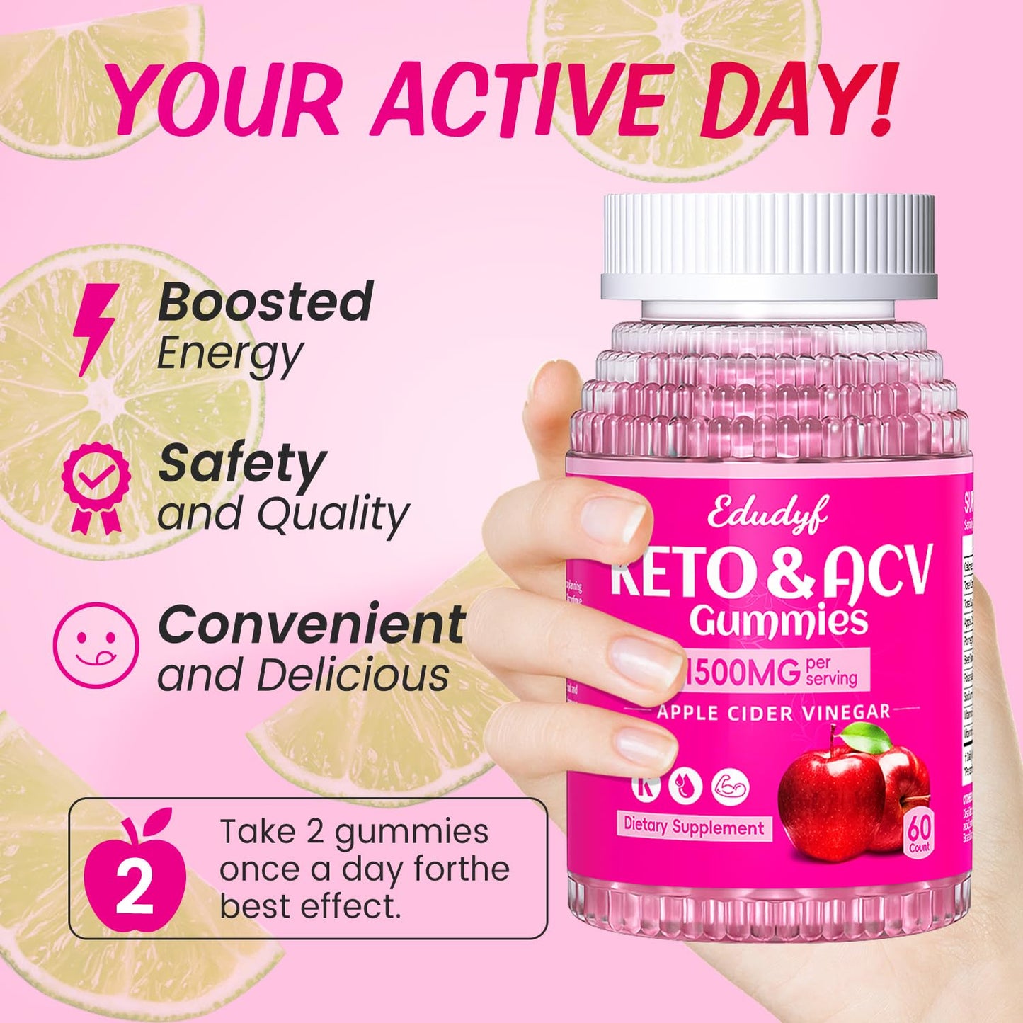 EDUDYF Keto ACV Gummies - Sugar-Free Apple Cider Vinegar Gummies Keto-Friendly, Vegan, Non-GMO, Gluten-Free Apple Flavor Formula for Men & Women 60 Count
