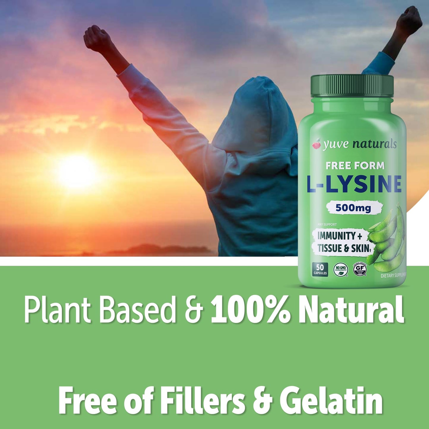 Yuve L-Lysine 500 mg Essential Amino Acid - Immune, Cold Sores & Collagen Synthesis Support - Maintain Healthy Arginine Levels & Optimal Calcium Absorption - Vegan, Gelatin-Free, Non-GMO - 50 Capsules