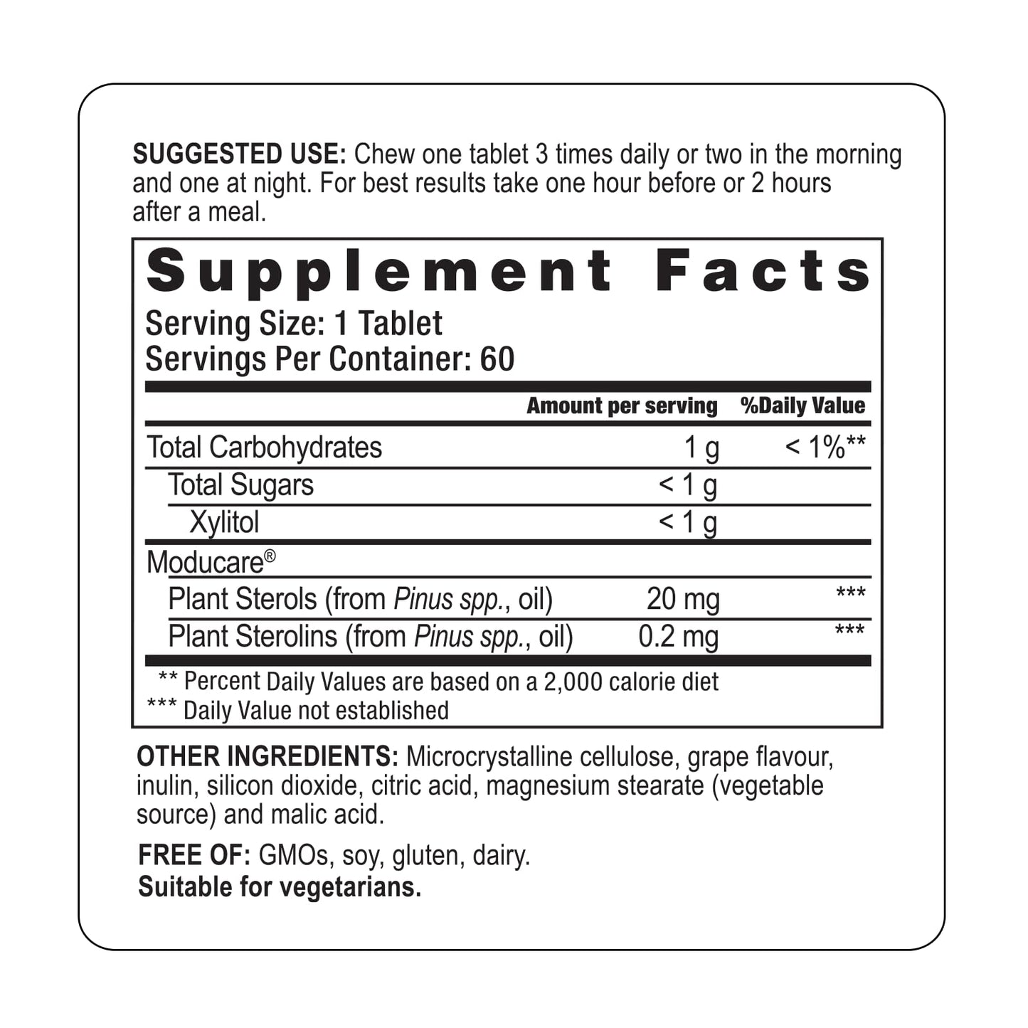Moducare Daily Immune Support, Plant Sterol Dietary Supplement, Grape Flavored, 60 chewable Tablets (Packaging May Vary)