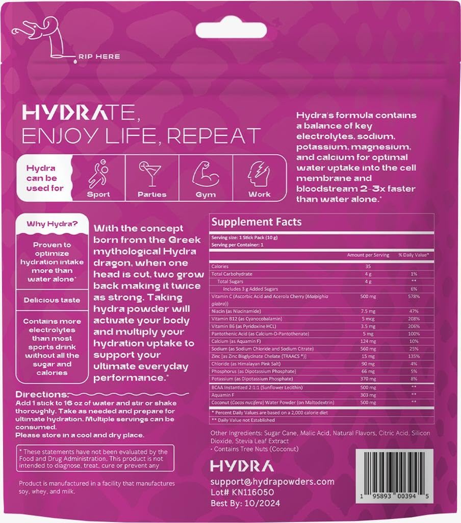 Hydra Powder Key Nutrients Electrolyte Powder Packets - Sports Hydration Drink with Vitamins & Electrolytes - Low Sugar Electrolyte Mix Hydrate Packets - Passionfruit (16 Packets)
