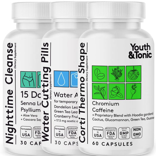 Youth & Tonic Sculpt Shred Cleanse Detox 3X Weight Loss Pills: Appetite Suppressant, Fat Burner, Energy Booster & Nighttime Cleanse for Diet - 120 Pills
