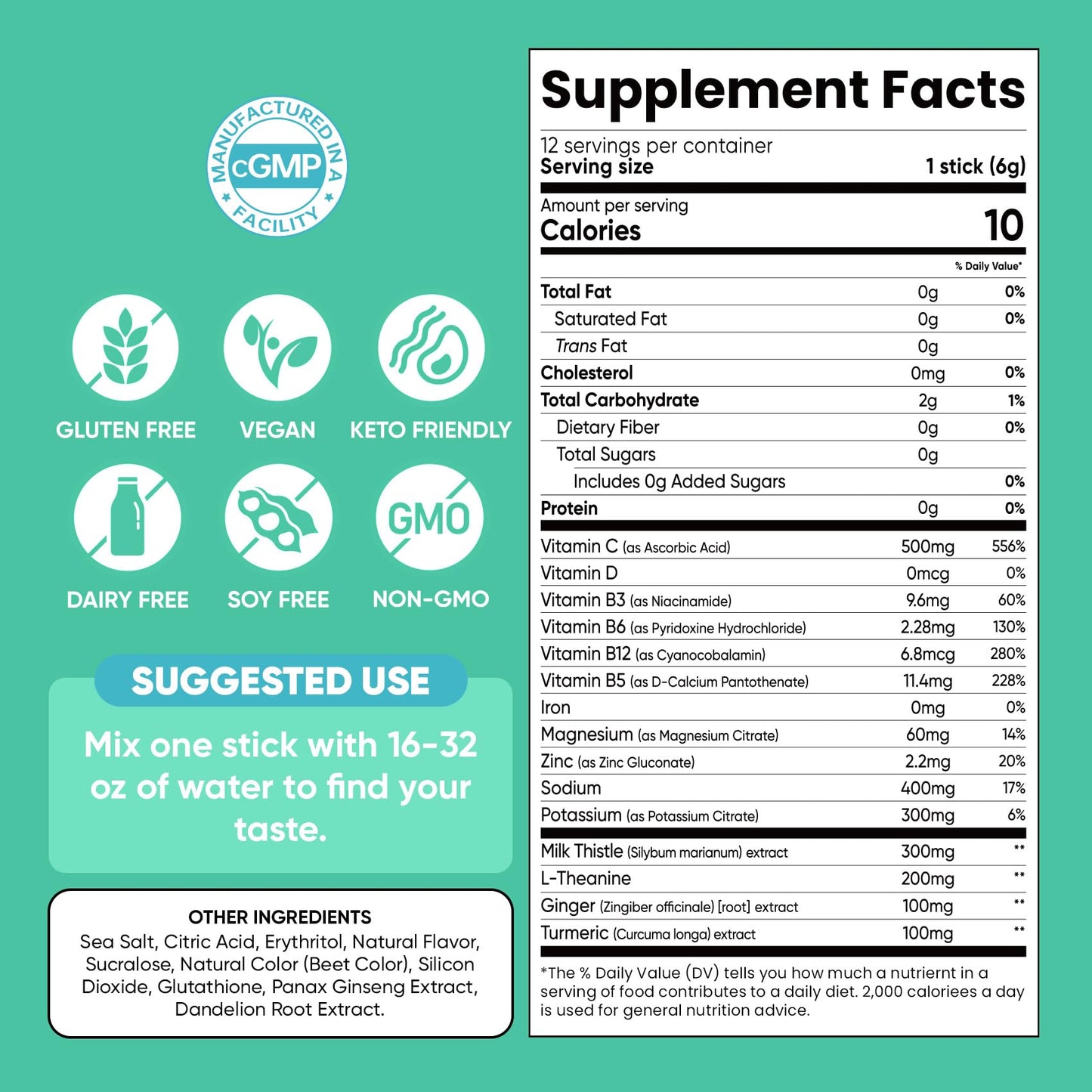 Venture Pal Liver Support Electrolyte Powder, L-Theanine + 5 Vitamins & 7 Electrolytes, Rapid Rehydration, Grapefruit, 12 Sticks