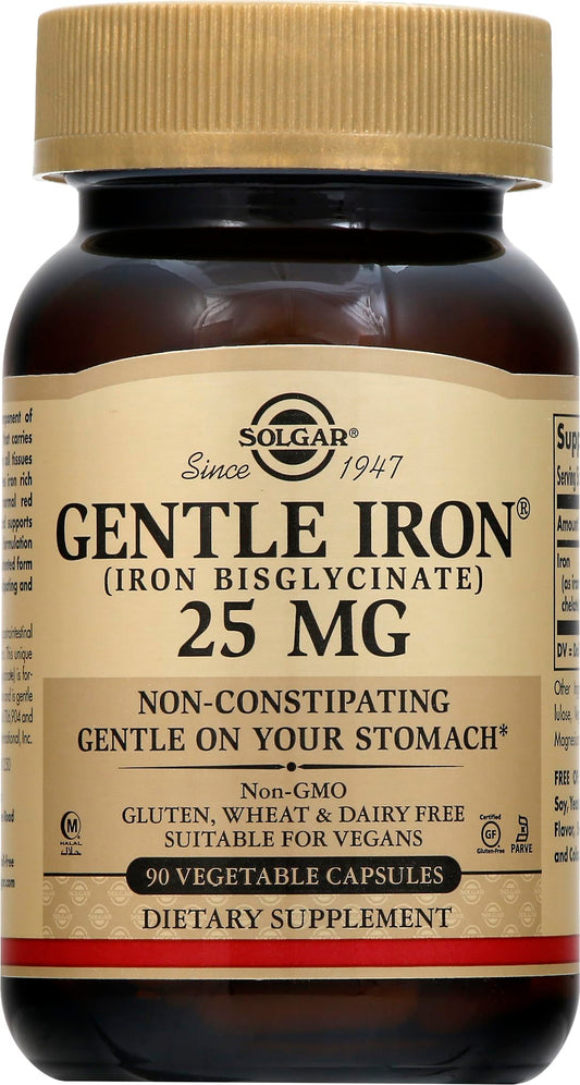 Solgar Gentle Iron (Iron Bisglycinate) 25 mg - 90 Vegetable Capsules - Non-Constipating, Gentle on Your Stomach - Gluten Free - 90 Servings