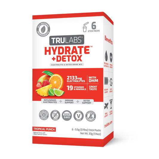 TRULABS Hydrate + Detox Tropical Punch 6ct. Sugar Free Electrolytes Hydration Packets. Each Serving Contains 1422 mg of Electrolytes &19 Vitamins & Minerals & DHM.
