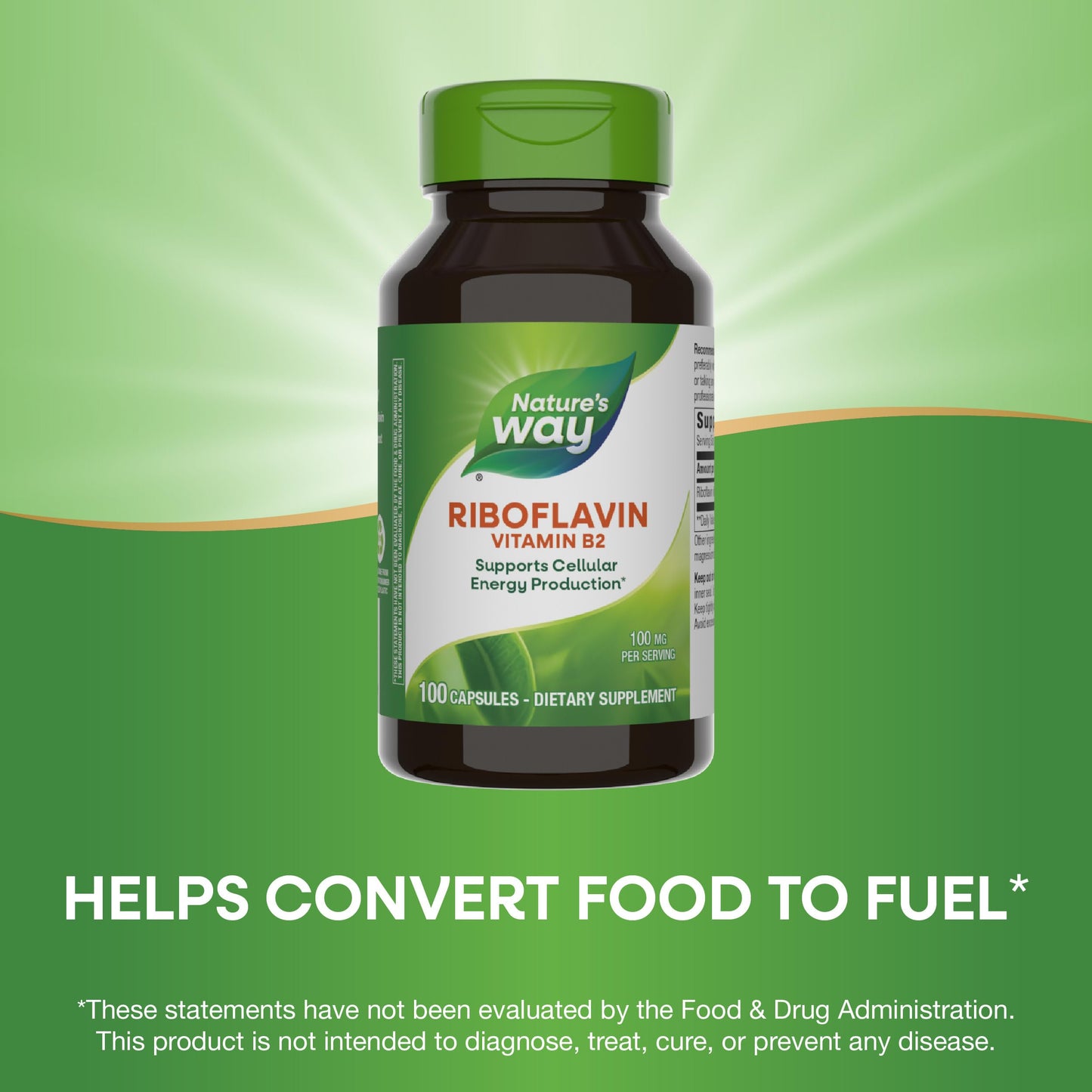 Nature's Way Riboflavin Vitamin B2, Supports Cellular Energy Production*, High Potency Riboflavin, 100 mg per Serving, 100 Capsules (Packaging May Vary)