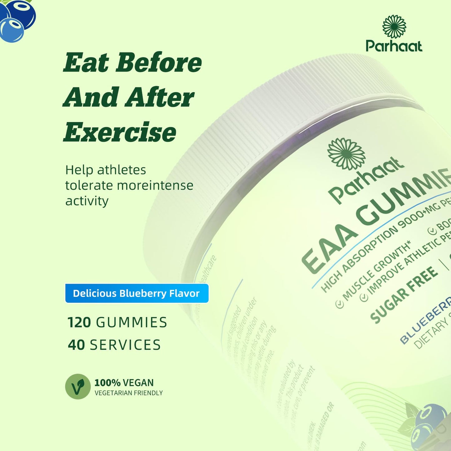 Parhaat EAA Gummies 120 Gummies (Blueberry), 9000 mg Essential Amino Acids - All 9 Essential Aminos (EAA) and All Branched-Chain Aminos (BCAAs), Non-GMO, Gluten Free, Vegetarian Friendly