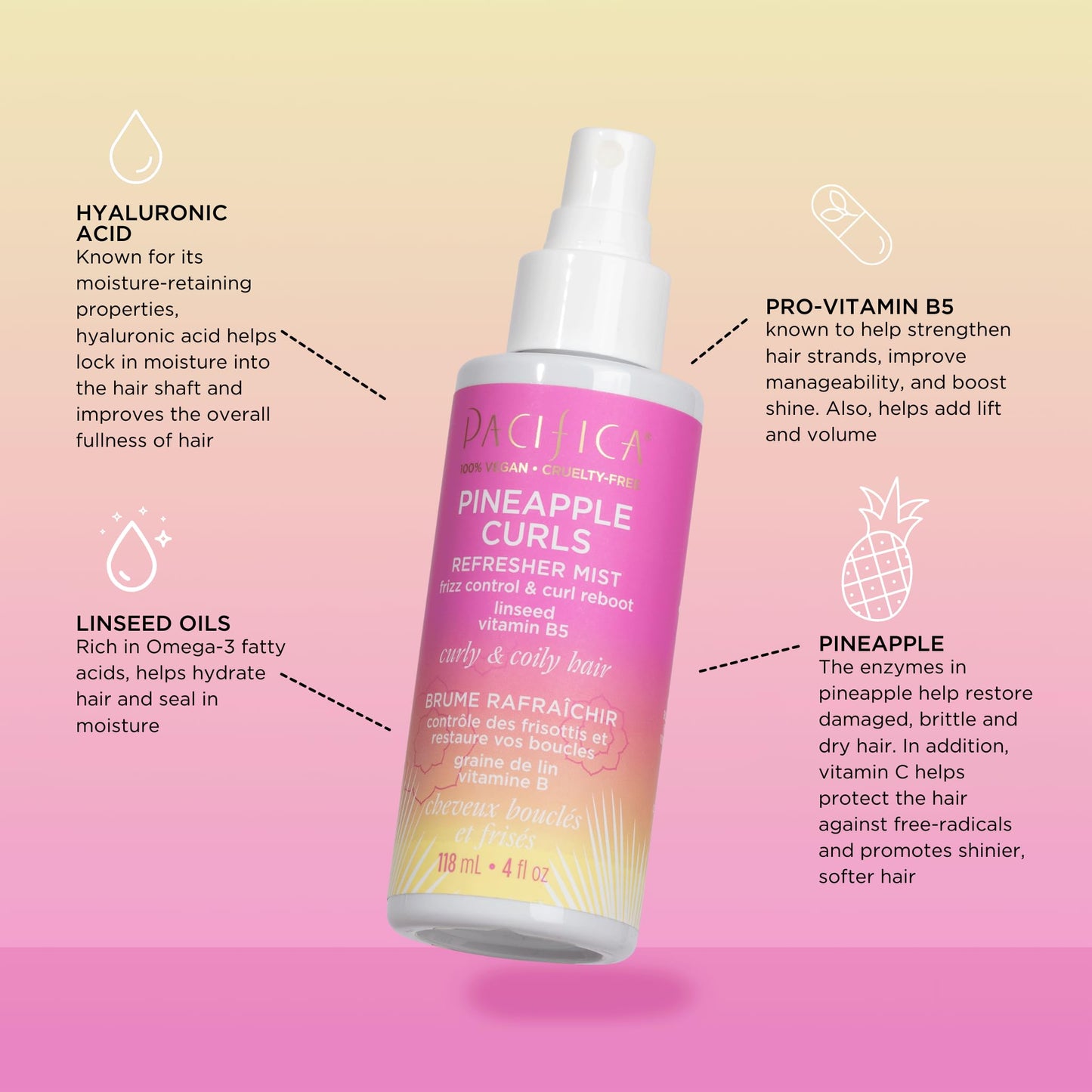 Pineapple Curls Refresher Mist by Pacifica for Women - 4 Oz Mist