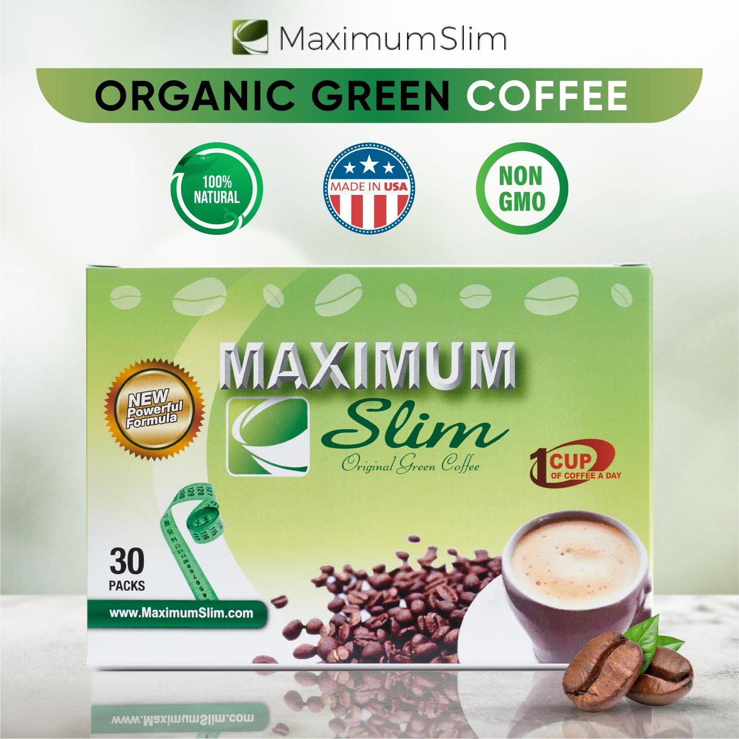 Maximum Slim Original Green Coffee -Premium 4-in-1 Formula with Natural Herbal Extracts for Energy & Vitality. Creamy & Delicious for Maximum Satisfaction. No Messy Side Effects-Made in the USA-30 Ct