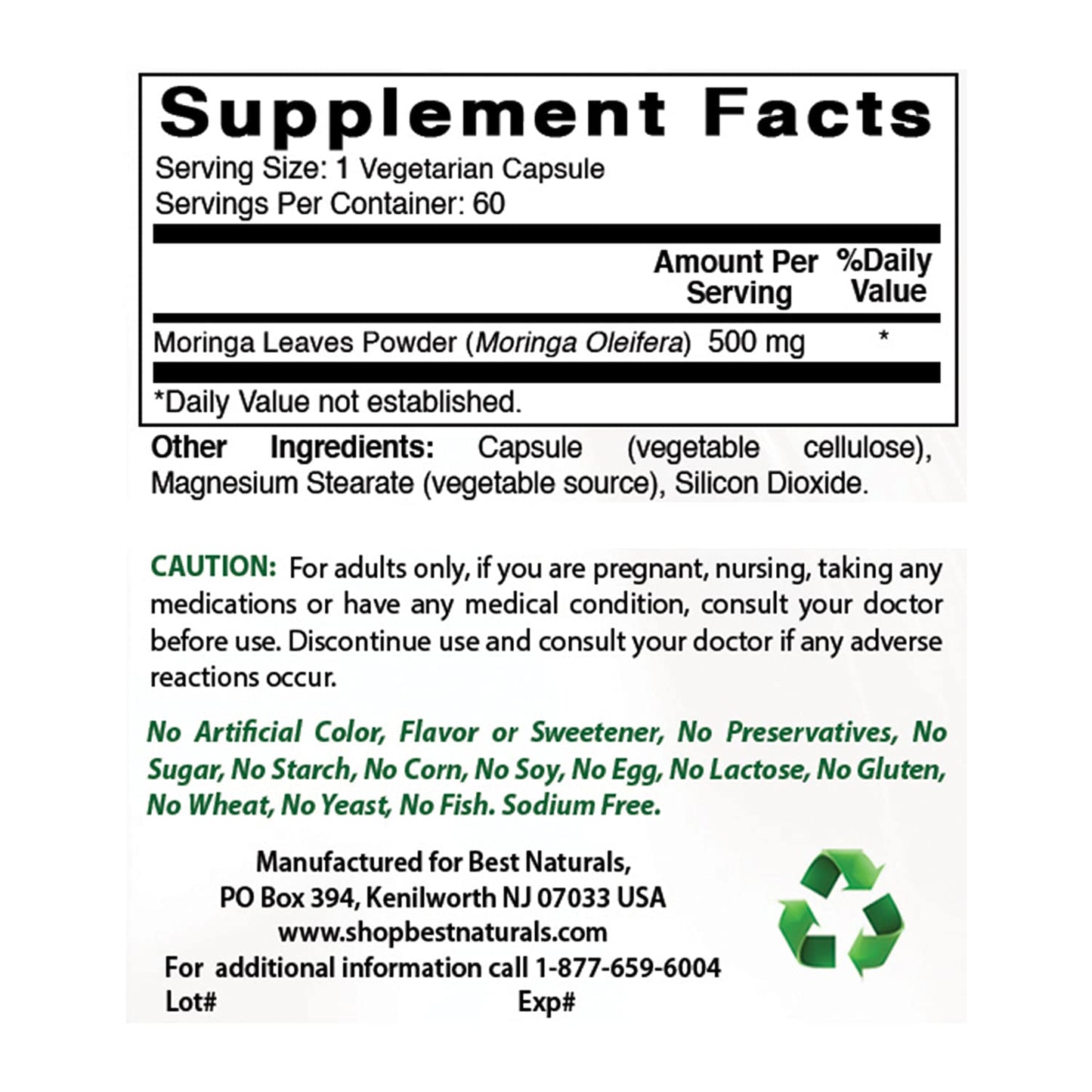 Best Naturals Moringa Superfood 500 mg 60 Veggie Capsules