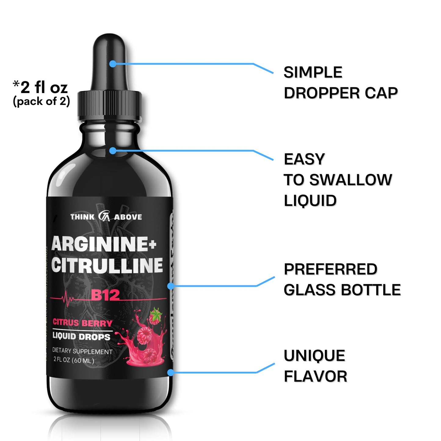 Think Above L-Arginine + L-Citrulline Liquid Drops with Vitamin B12 - Citrus Berry Flavor, 2 fl oz (60 ml) Pack of 2 - Fast Absorption, Easy-to-Use