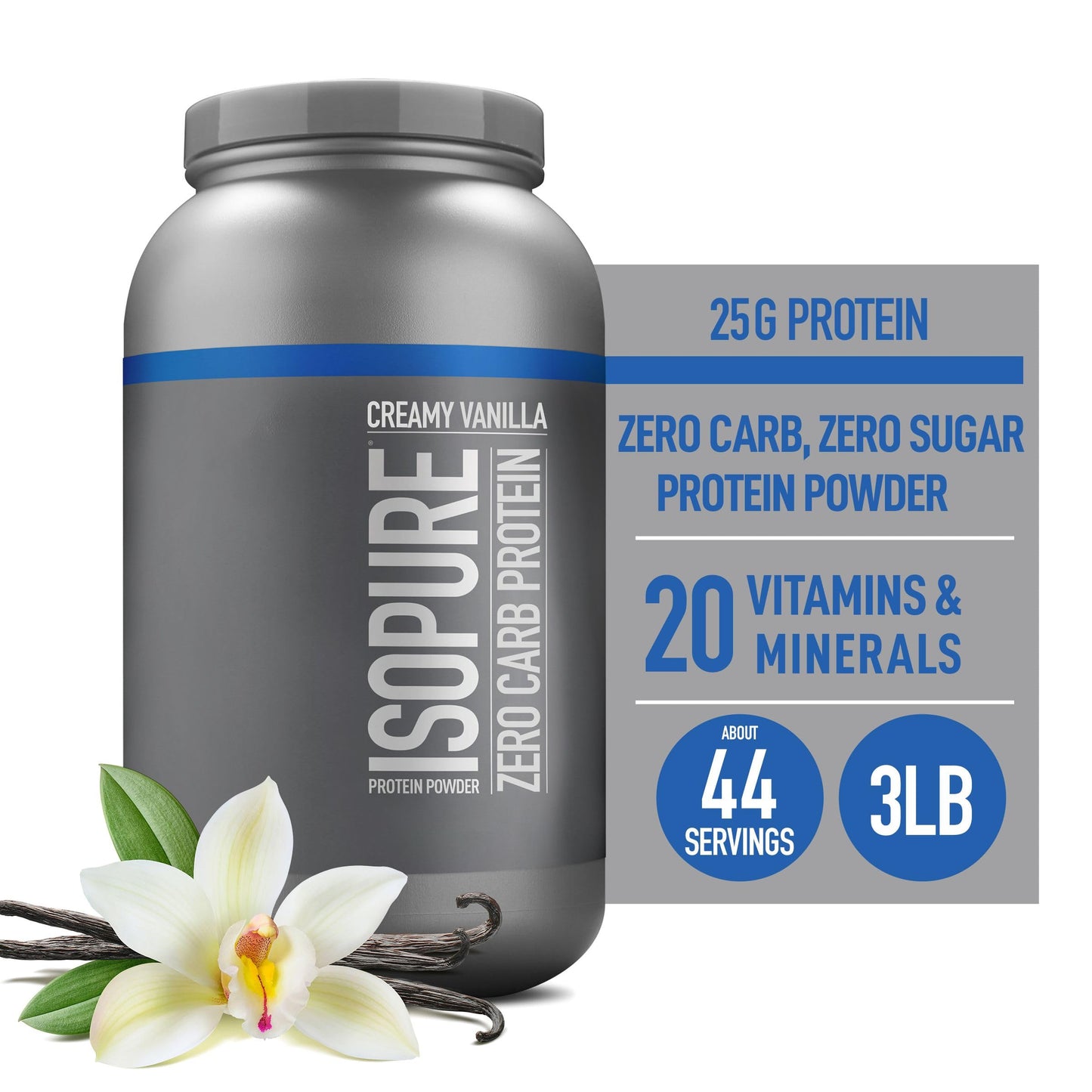 Isopure Zero Carb 100% Pure Whey Isolate Protein Powder, Lactose Free, Gluten Free, With Vitamins, Creamy Vanilla, 25g Protein Per Serving, 3 Lbs, 44 Servings